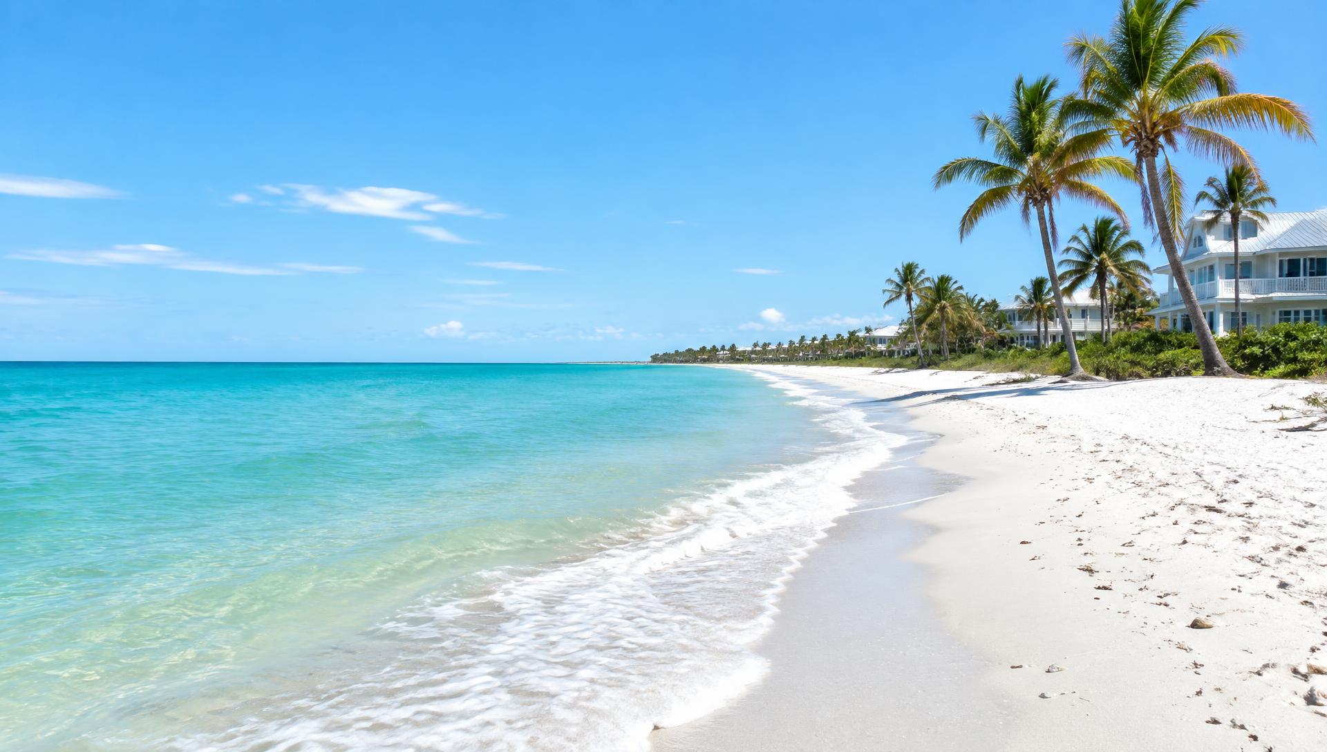 White-sand Southwest Florida beach with turquoise water and palm trees